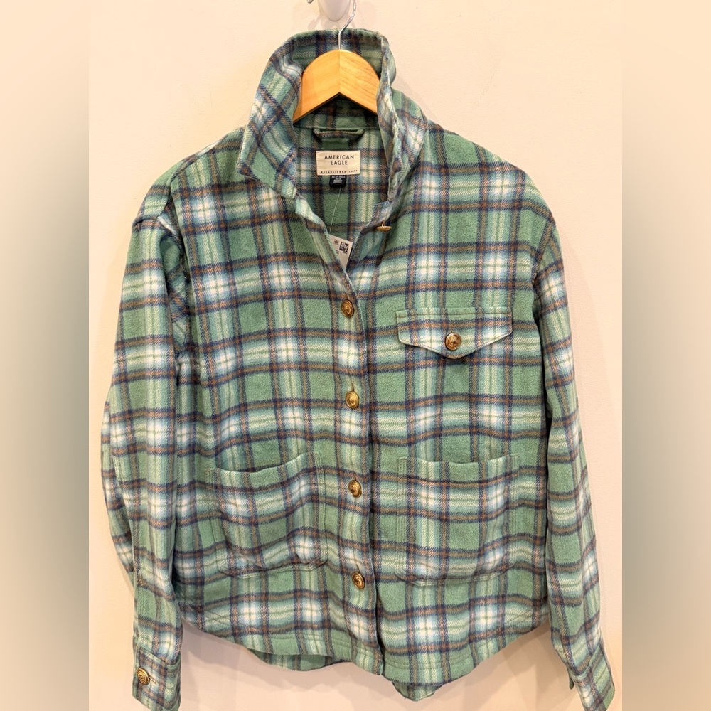 American Eagle Plaid Shacket Jacket XS Green Blue Button‎ Front Wool Blend NWT